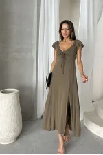 Topshow Khaki Plain Viscose Wholesale Dress