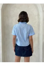 Dantel İşlemeli Toptan Gömlek - Mavi | Topshow