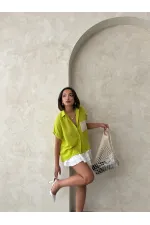 Topshow Pistachio Green Linen Raw Pocket Applique Pocket Linen Wholesale Shirt