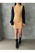 Leather Sleeve Turtleneck Knee-Length Wholesale Dress - Camel | TOPSHOW | F1143
