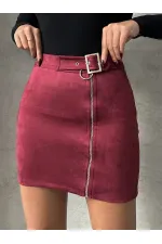 Süet Fermuarlı Toptan Etek - Bordo | TOPSHOW | F0121