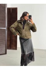 Topshow Süet Tavşan Lamine Toptan Mont - Haki | F2027