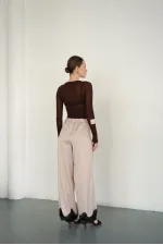 Wholesale Satin Trousers with Lace Hem - Stone | D2969 - Topshow