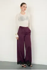 Wholesale Satin Trousers with Lace Hem - Plum | D2969 - Topshow