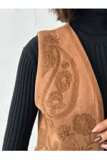 Topshow - Toptan İşlemeli Süet Yelek – Western Tarz Şıklık -- Taba