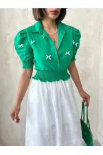 Kol Ucu Etek Gipeli Düğmeli Gömlek - Yeşil Topshow