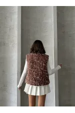 Karışık Baskı Desenli Elyaflı Şişme Toptan Yelek - Kahve | TOPSHOW | F1749