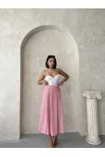 Çizgili Keten Etek - Pembe | Topshow | F1918