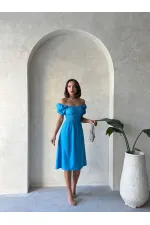 Gipeli Kayık Yaka Keten Elbise - Koyu Mavi | Topshow