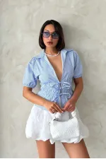 Önden Bağlamalı Çizgili Gömlek - Mavi Topshow