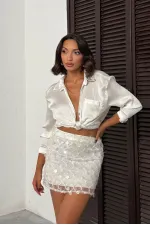 Topshow Pul Detaylı Abiye Mini Etek - Krem | F2011