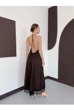 D 3022 DANTEL DETAYLI SATEN ELBİSE - KAHVE