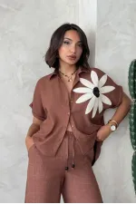 Çiçek Detaylı Toptan Gömlek - Kahve | Topshow