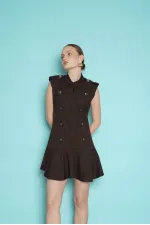 Sleeveless Mini Wholesale Dress with Shoulder Epaulets - Brown | D2974 - Topshow
