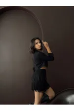 Topshow Tasseled Scuba Suede Skirt - Black | F2030