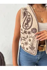 Topshow - Toptan Fitili Kadife Nakışlı Yelek - Taş