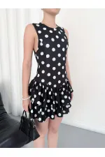 D 2946 POLKA DOT SLEEVELESS DRESS - BLACK