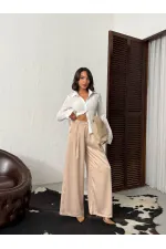 Yüksek Bel Bol Paça Saten Pantolon – Şık Ve Rahat Tasarım - Taş | F2052