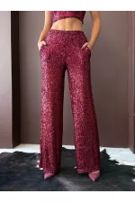 Topshow - Wholesale Sequined Wide Leg Women's Trousers - Elegant Night Outfit - Burgundy
