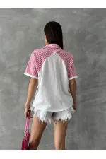 Topshow Fuchsia Stripe Detailed Low Sleeve Wholesale Shirt