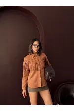 Chemise Topshow à franges en daim scuba - Beige | F2029