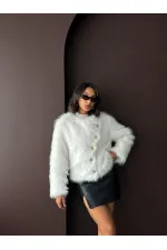 Topshow - Toptan Tavşan Tüyü Dügmeli Kaban - Krem