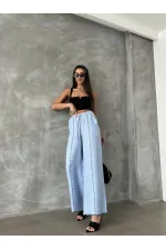 Nakışlı Keten Boru Paça Toptan Pantolon - Mavi | TOPSHOW | F1675