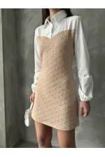 Knee-Length Wholesale Dress with Poplin Sleeves and Chest - Stone | TOPSHOW | F1139