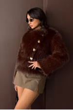 Topshow - Toptan Tavşan Tüyü Dügmeli Kaban - Koyu Kahve