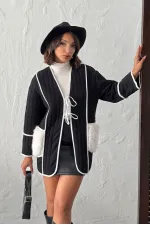 Topshow - Toptan Peluş Cep Detaylı Kapitone Ceket - Siyah