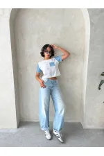 Kot Detaylı Toptan T-Shirt - Krem Mavi | Topshow