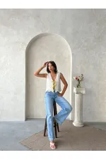 Kot Detaylı Önden Baglamalı Dantel Yelek - Ham Sarı | Topshow