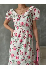 Topshow Fuchsia Embroidery Detailed Patterned Wholesale Dress