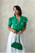Kol Ucu Etek Gipeli Düğmeli Gömlek - Yeşil Topshow