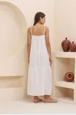 Topshow Krem Krem Saçaklı Uzun Toptan Elbise