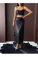 Topshow Siyah Payetli Uzun Etek - Yüksek Bel, Şık Gece Elbisesi Kombini