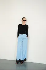 Wholesale Satin Trousers with Lace Hem - Blue | D2969 - Topshow