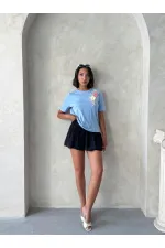 Çiçek Detaylı Tişört - Mavi | Topshow