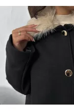 Manteau en cachemire à col peluche et boutons Topshow - Noir | F2048