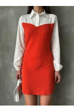 Knee-Length Poplin Dress with Sleeves and Chest - Orange | TOPSHOW | F1139