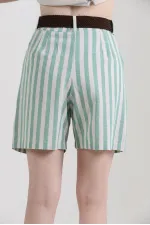 Short en lin à rayures émeraude Topshow avec ceinture, en gros