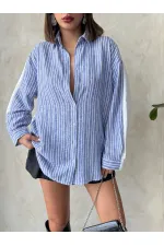 Çizgili Keten Gömlek - Koyu Mavi | Topshow | F1917