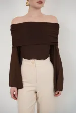 Blouse en tulle à manches longues en gros - Café | D2977 - Topshow