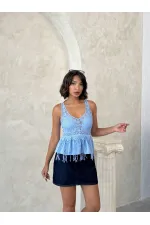 Dantel Detaylı Askılı Toptan Bluz- Mavi | Topshow