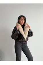 Topshow Fur-Collared Double-Breasted Leather Jacket - Brown | F2050