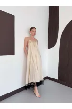 D 3022 DANTEL DETAYLI SATEN ELBİSE - TAŞ