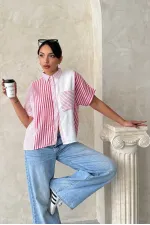 Topshow Fuşya Parçalı Çizgili Toptan Gömlek