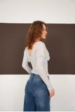 V Neck Guipure Wholesale Blouse - Blue | F2093 - Topshow