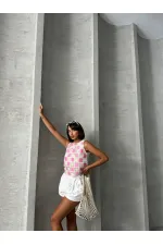 Topshow Raw Pink Sleeveless Checkerboard Pattern Crochet Wholesale Blouse