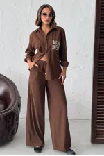 Topshow - Wholesale Embroidered Corduroy Shirt with Pocket - Brown